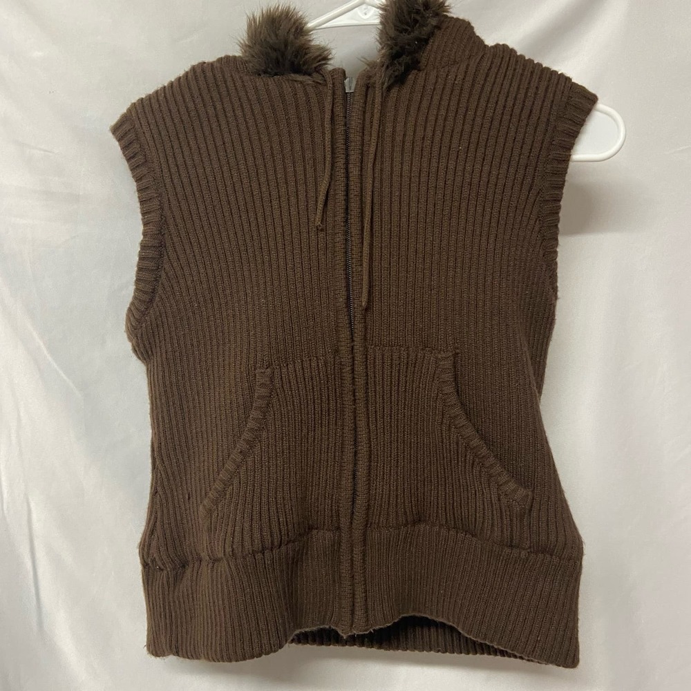 Wet Seal Vest w/ Hood Sweater Faux Fur Reversible Zip Up Size M